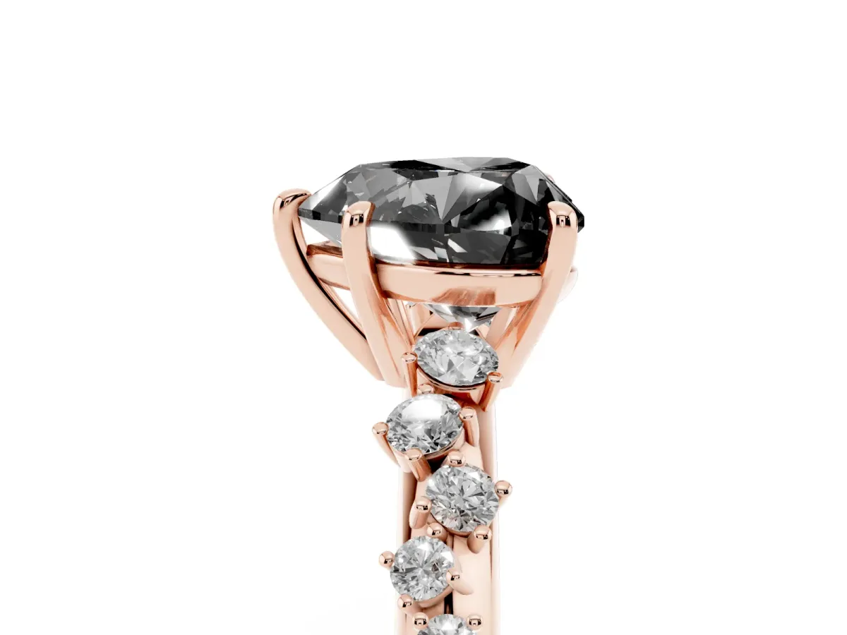 Fancy Black Heart Cut Diamond Cluster Side Stone Solitaire Ring with Prong Setting Rose gold