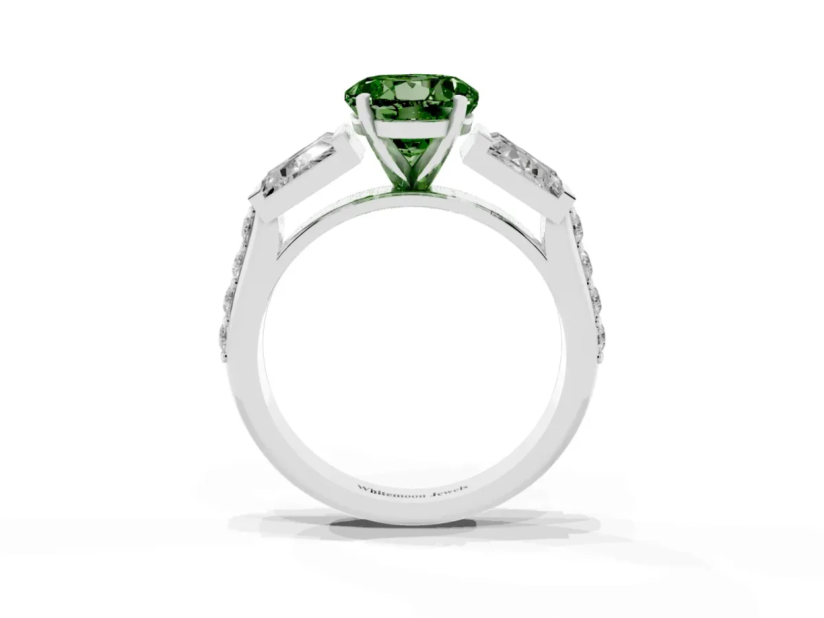 Fancy Green Round Cut Diamond Engagement Ring with Baguette Side Stones and Channel Set Band Silver