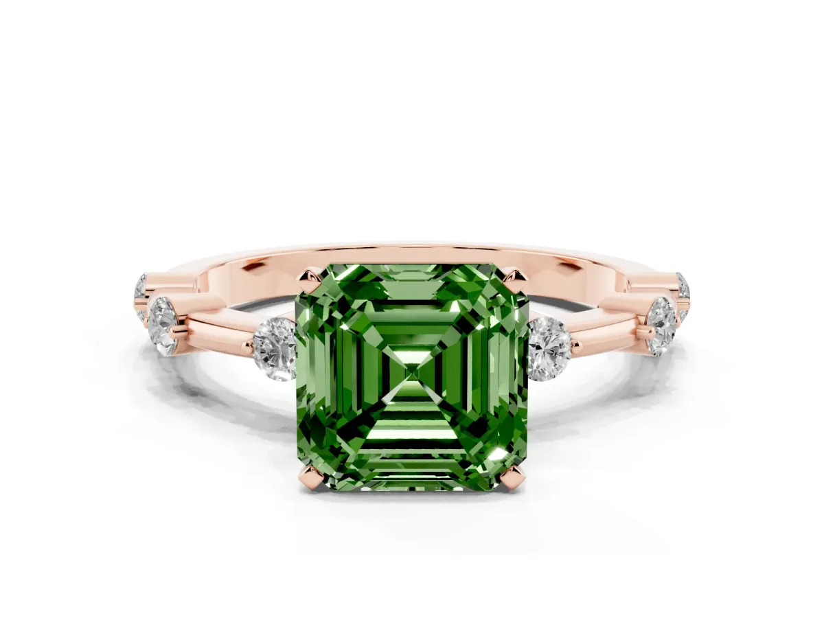 Fancy Green Asscher Cut Solitaire Diamond Ring with Bezel Set Side Stones and Prong Setting Rose gold