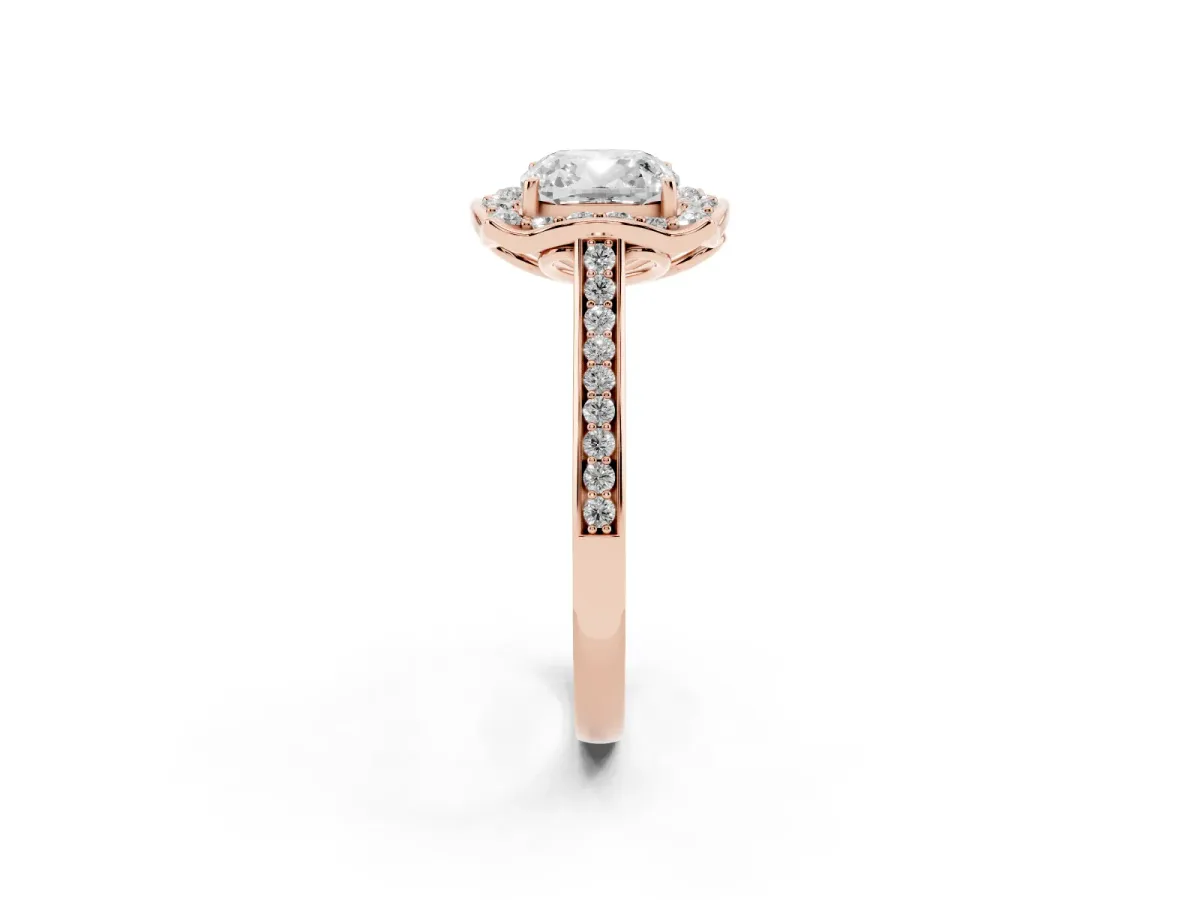 Cushion Cut Halo Round Diamond Pave Band with Four-Prong Setting Rose gold
