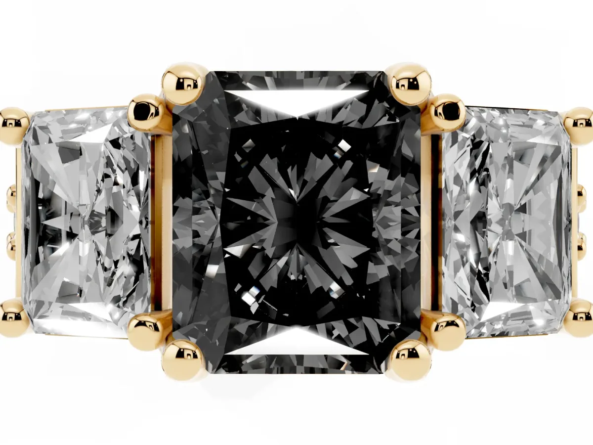 Fancy Black Radiant Cut Diamond Three-Stone Ring with Channel Set Band and Four-Prong Setting Yellow gold
