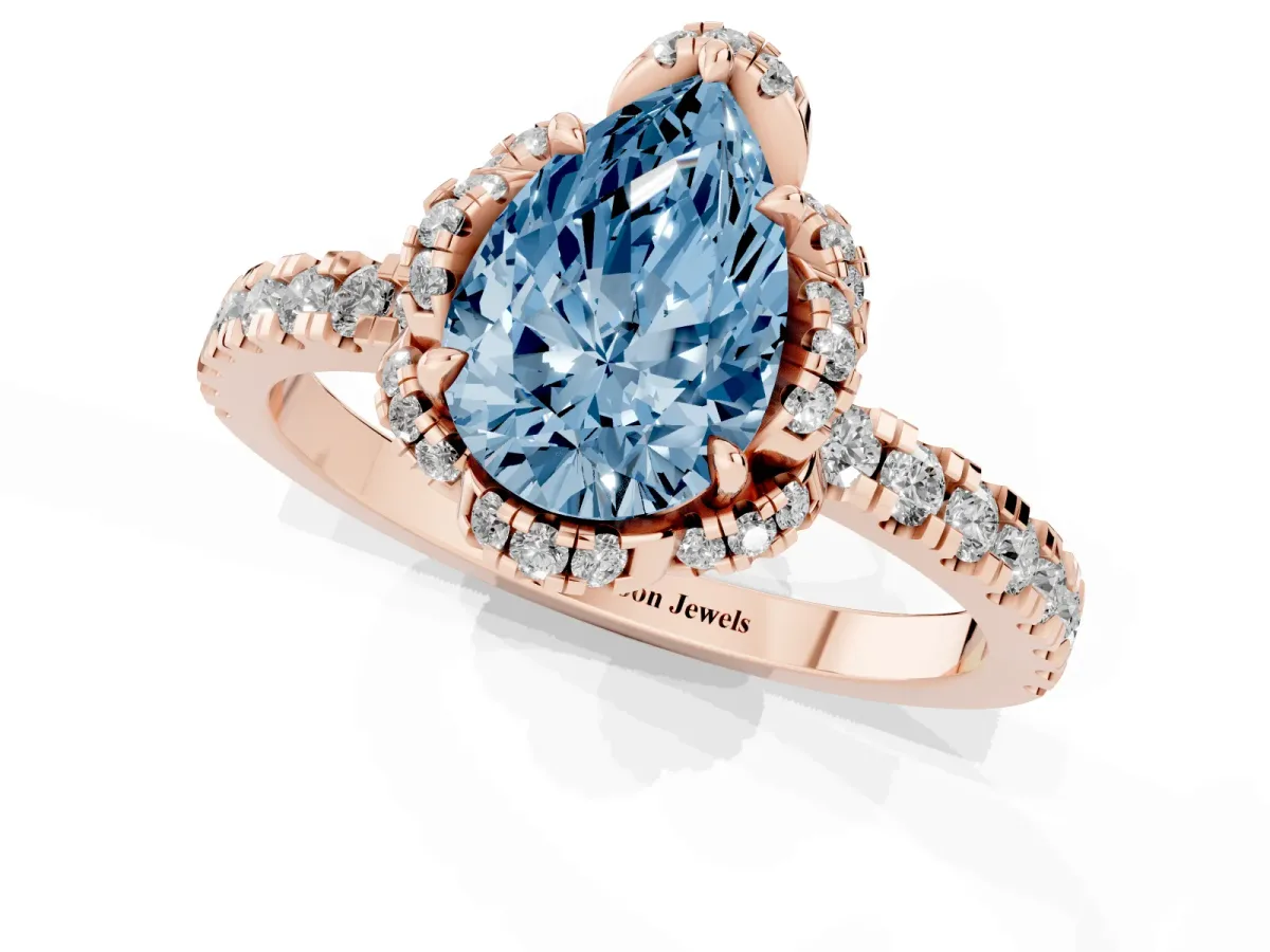 Fancy Blue Pear Cut Halo Diamond Pave Band Ring with Four-Prong Setting Rose gold