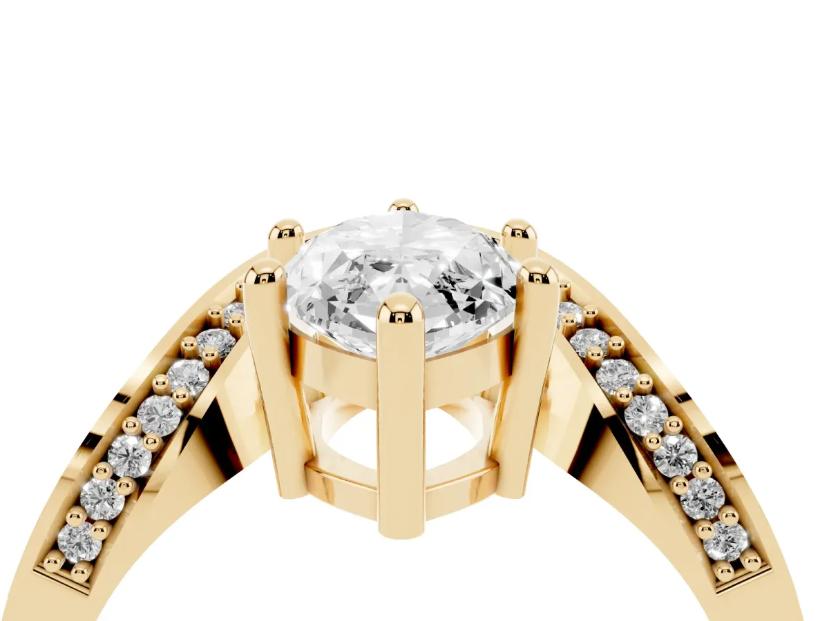 Marquise Cut Solitaire Diamond Engagement Ring with Pave Band and Four-Prong Setting Yellow gold