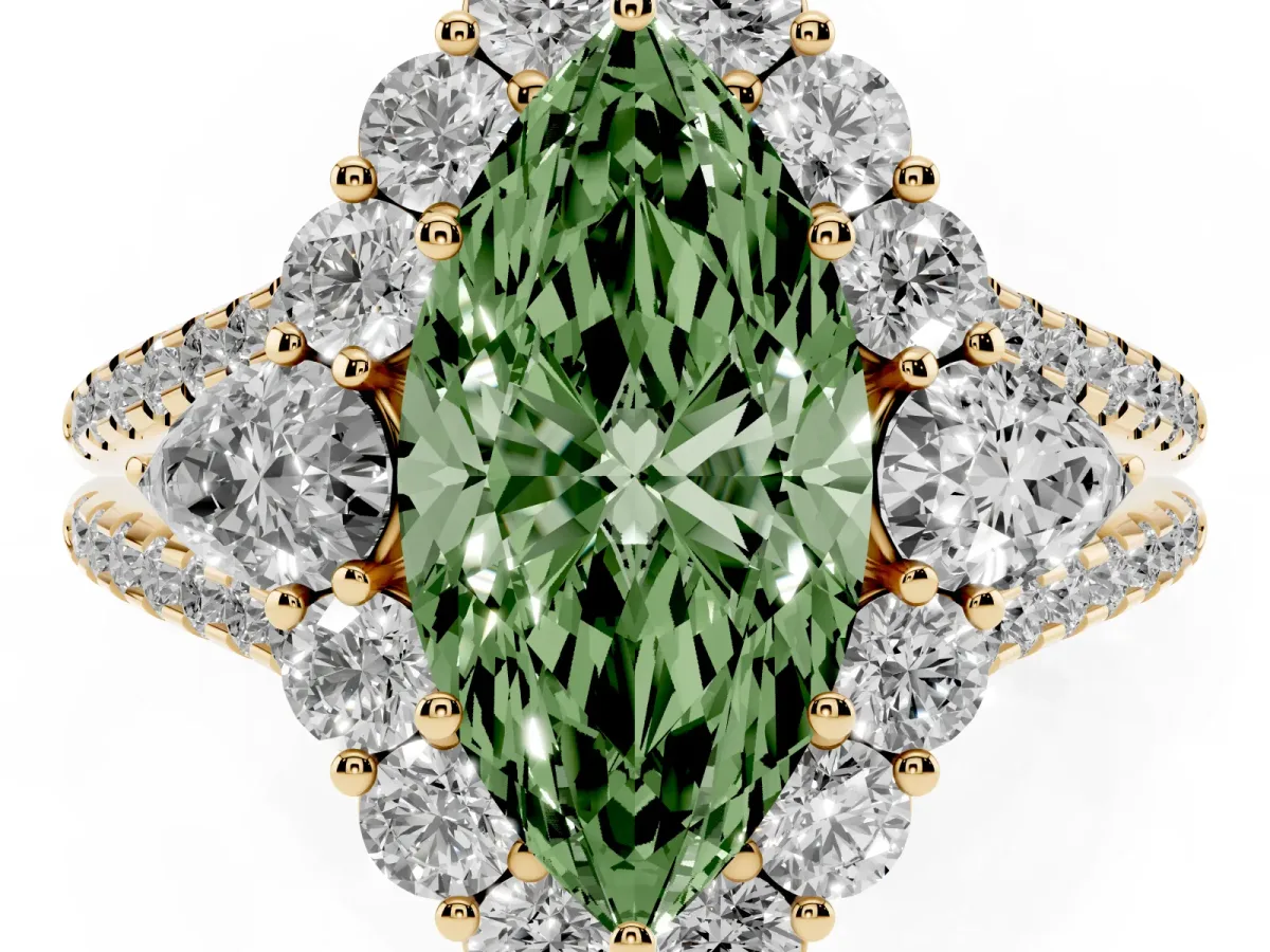 Fancy Green Marquise Cut Halo Split Shank Diamond Engagement Ring with Prong Setting Yellow gold