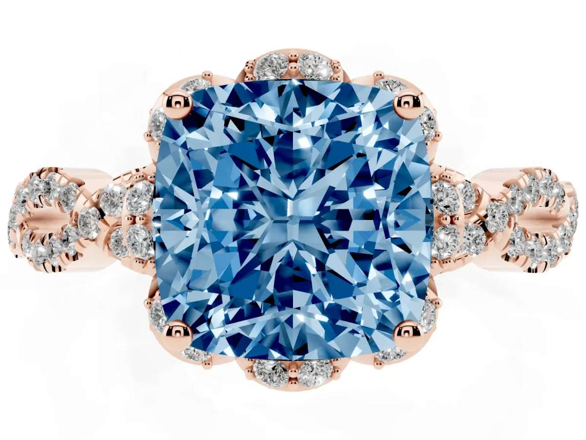 Fancy Blue Cushion Cut Halo Twist Band Solitaire Ring with Six-Prong Setting Rose gold