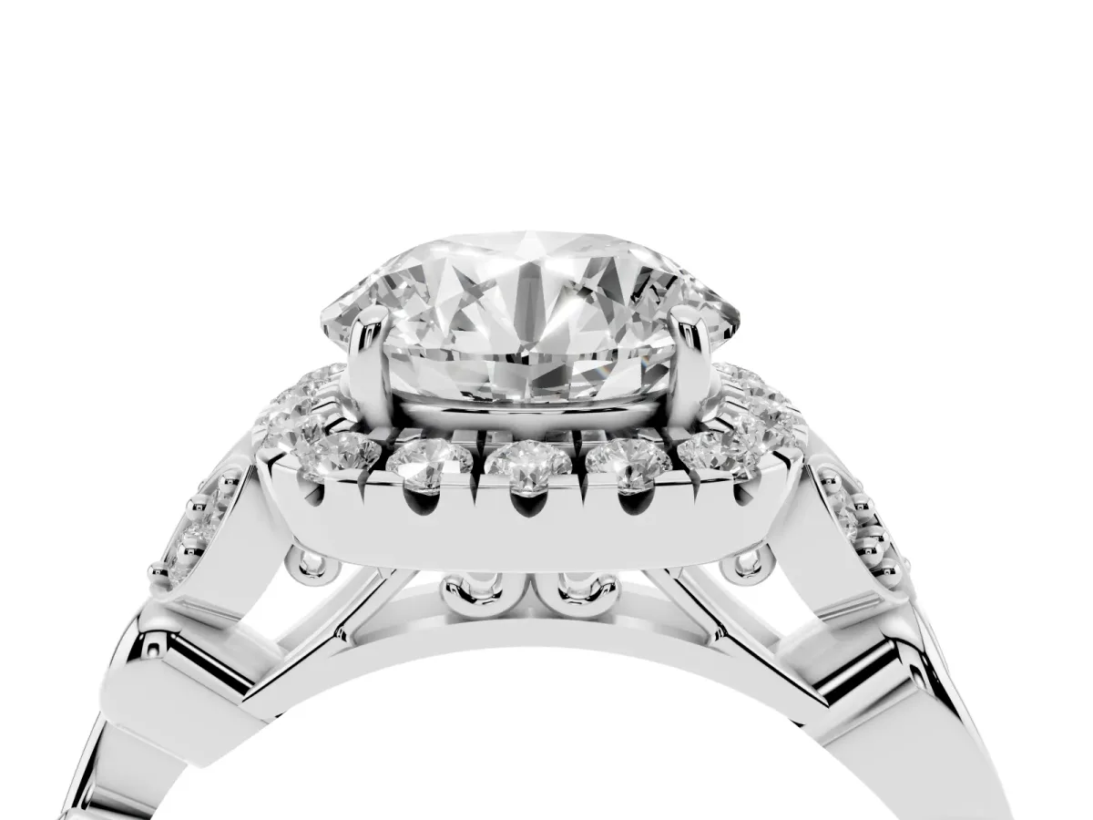 Round Cut Halo Diamond Engagement Ring with Vintage-Inspired Band and Four-Prong Setting Silver