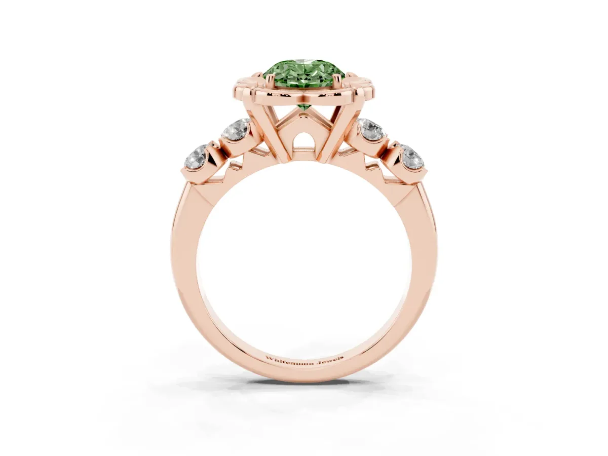 Fancy Green Oval Cut Cut Diamond Floral Halo Engagement Ring with Shared Prong Setting Rose gold