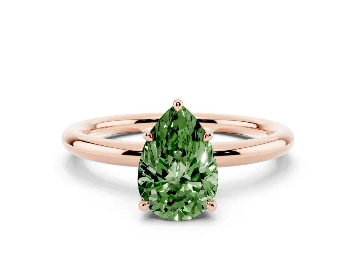 Fancy Green Pear Cut Diamond Solitaire Ring with Thin Band and Four-Prong Setting Rose gold
