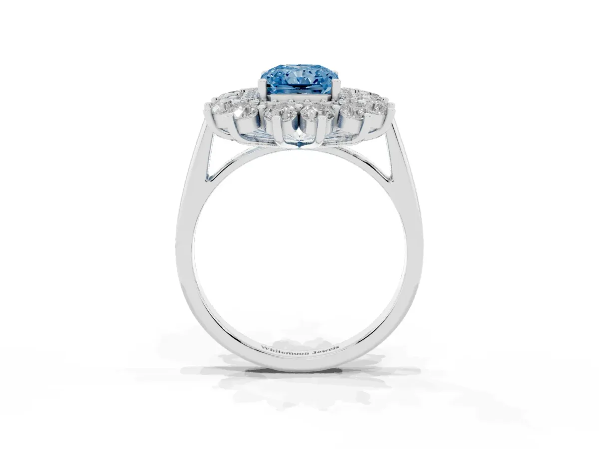 Fancy Blue Radiant Cut Diamond Floral Double Halo Engagement Ring with Prong Setting Platinum