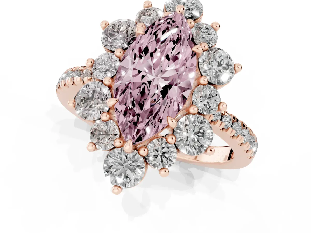 Fancy Pink Marquise Cut Diamond Floral Halo Ring with Round Pavé Band and Prong Setting Rose gold