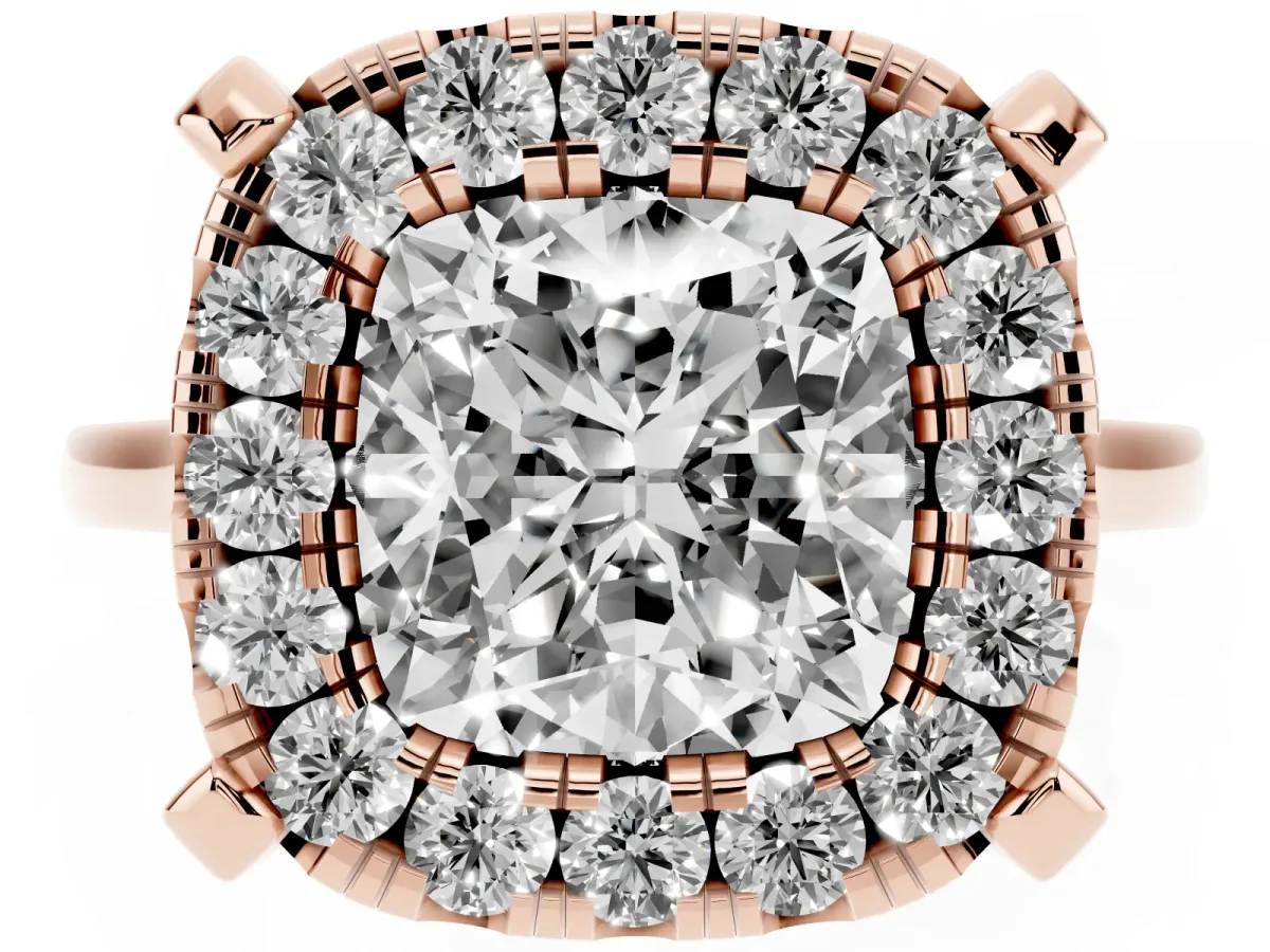 Cushion Cut Diamond Cluster Halo Solitaire with Four-Prong Setting Rose gold