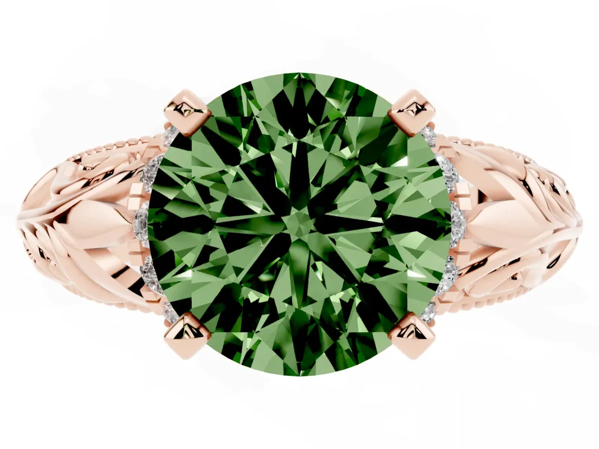 Fancy Green Round Cut Solitaire Filigree Engagement Ring with Halo and Prong Setting Rose gold
