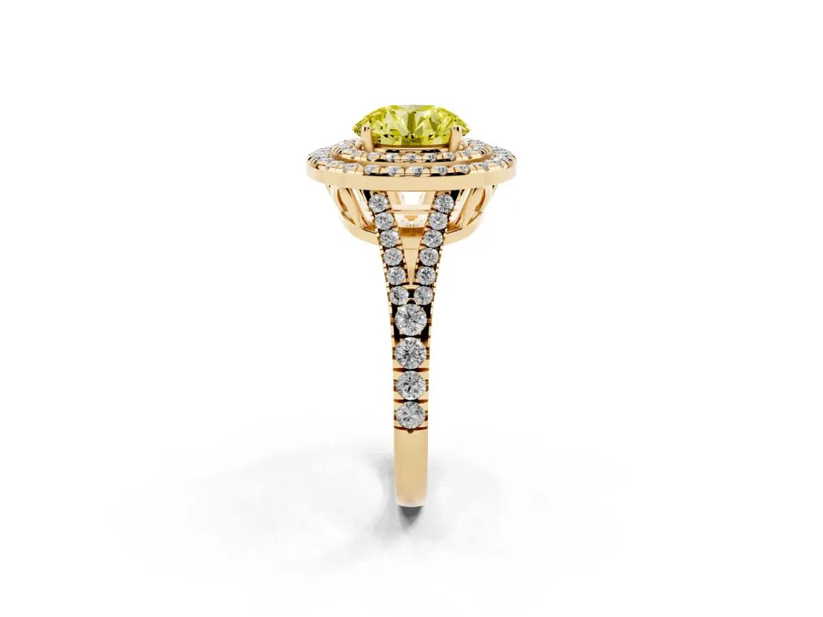 Fancy Yellow Round Cut Diamond Double Halo Ring with Pavé Band and Prong Setting Yellow gold