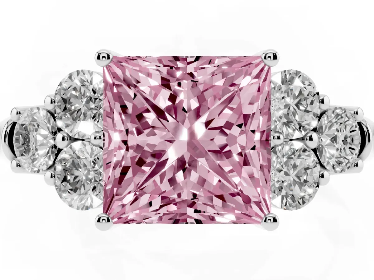 Fancy Pink Princess Cut Cut Diamond Cluster Ring with Round Accent Stones and Prong Setting on a Classic Band Silver