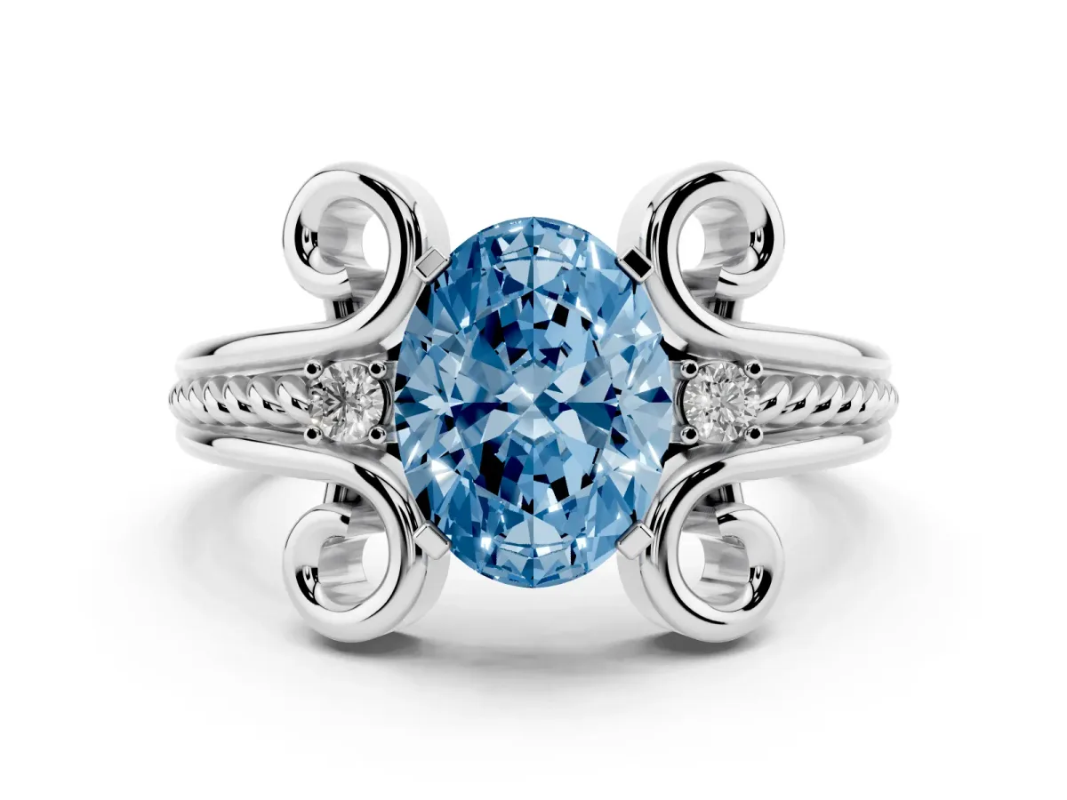 Fancy Blue Oval Cut Solitaire Twisted Band Scroll Prong Ring Silver