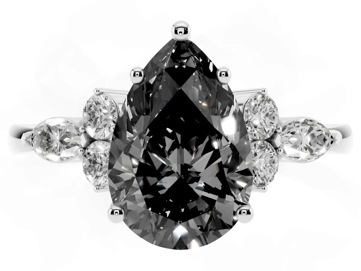 Fancy Black Pear Cut Brilliant Diamond Solitaire Ring with Pear Side Stones and Four-Prong Setting Platinum