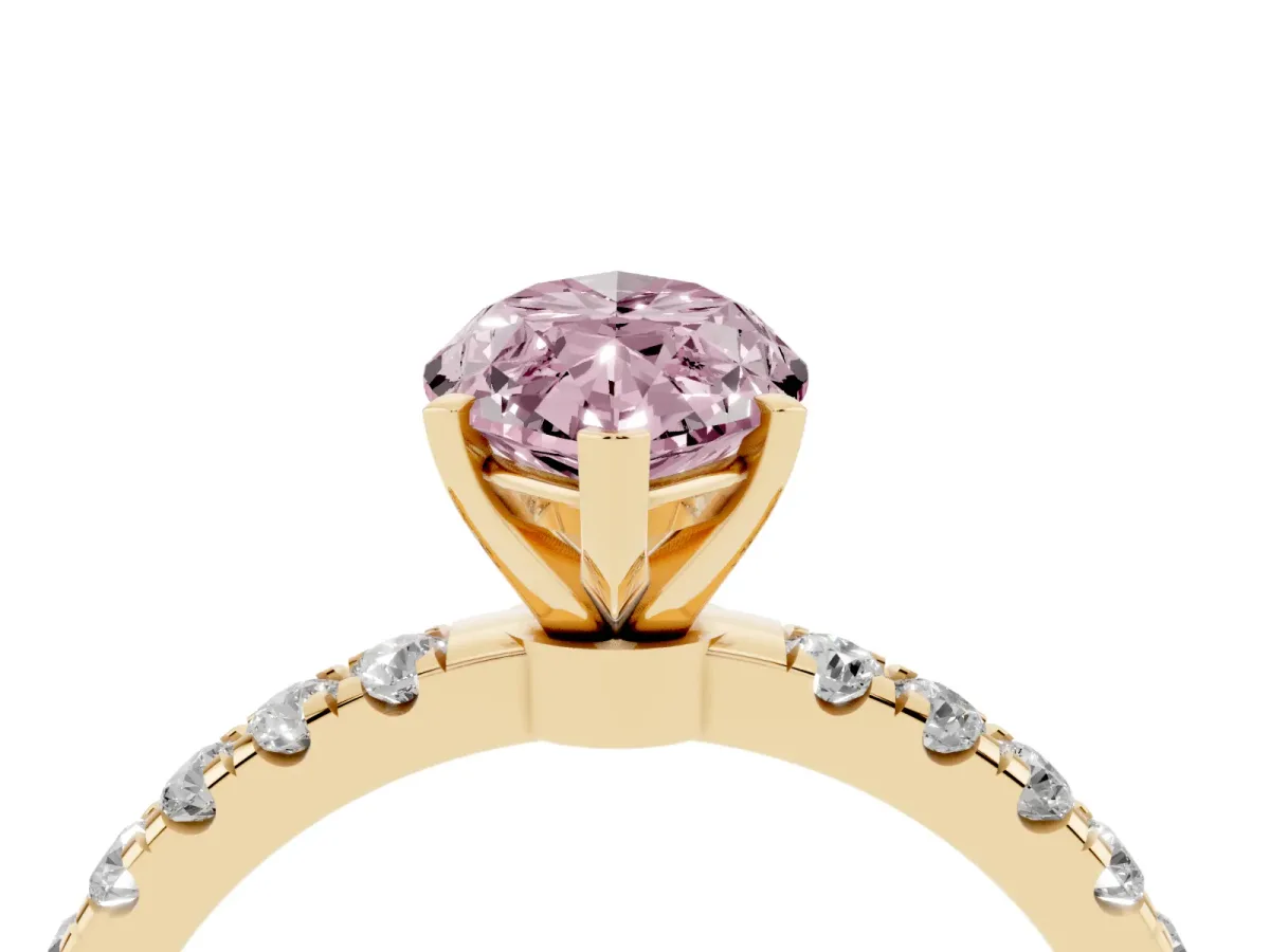 Fancy Pink Marquise Cut Diamond Solitaire Ring with Pavé Accents and Four-Prong Setting Yellow gold