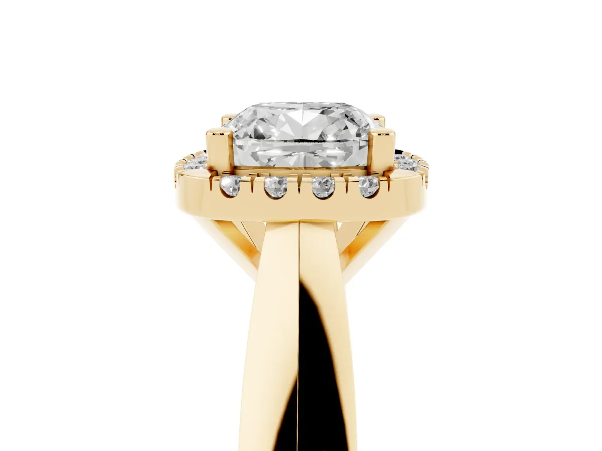 Cushion Cut Cut Halo Solitaire Engagement Ring with Square Band and Four-Prong Setting Yellow gold