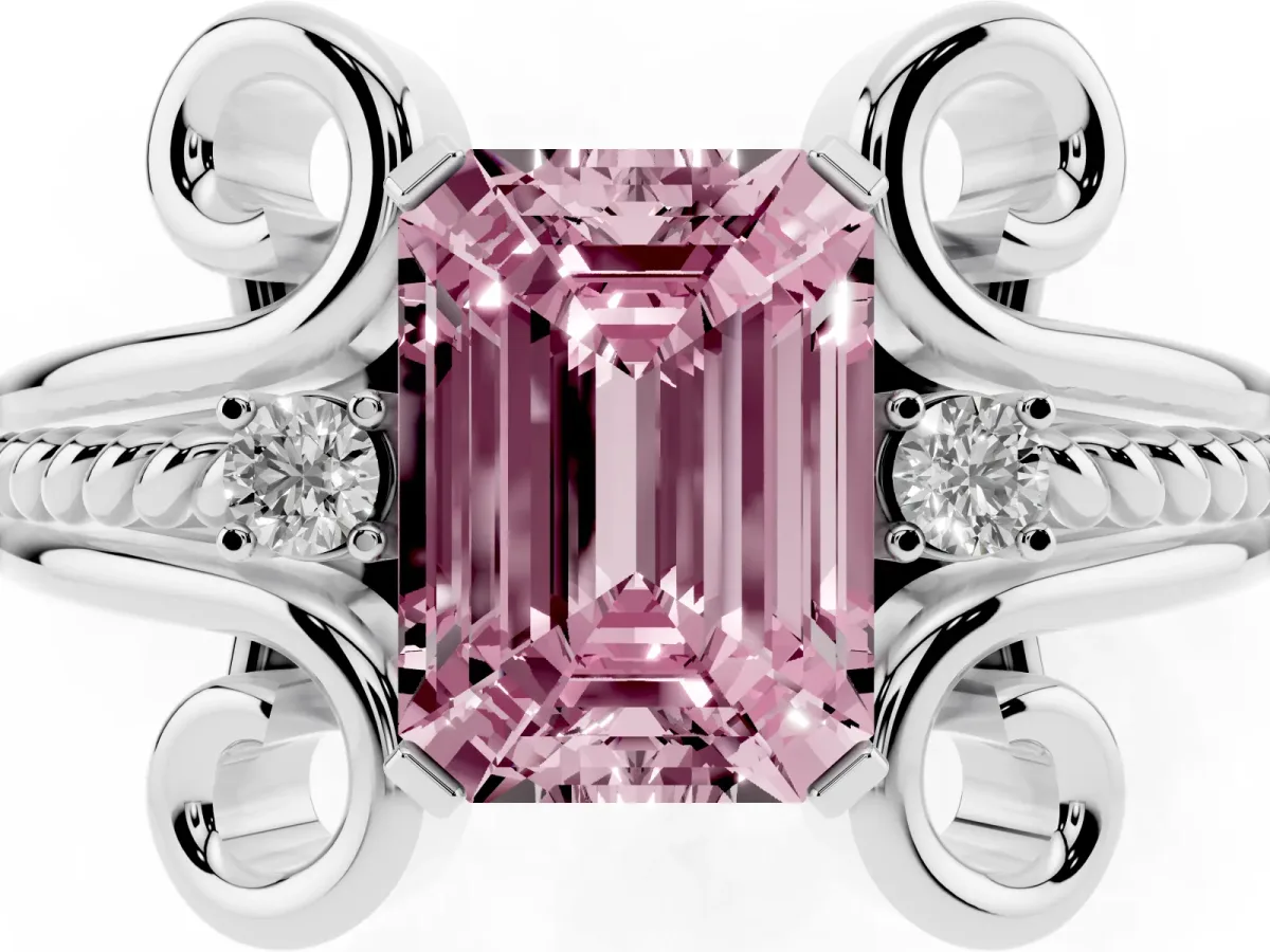 Fancy Pink Emerald Cut Solitaire Twisted Band Scroll Prong Ring Silver