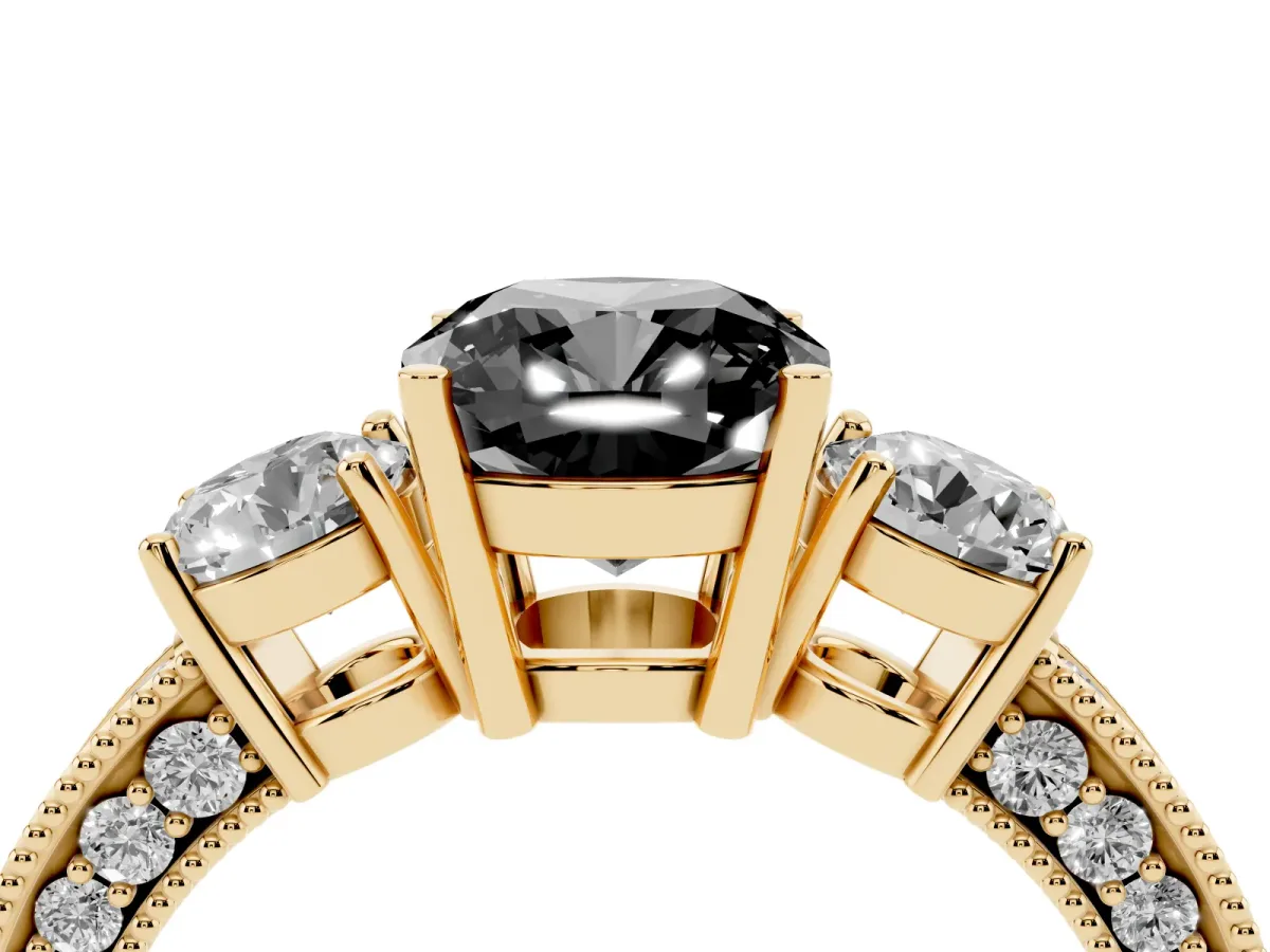 Fancy Black Cushion Cut Three-Stone Diamond Ring with Pavé Band and Four-Prong Setting Yellow gold