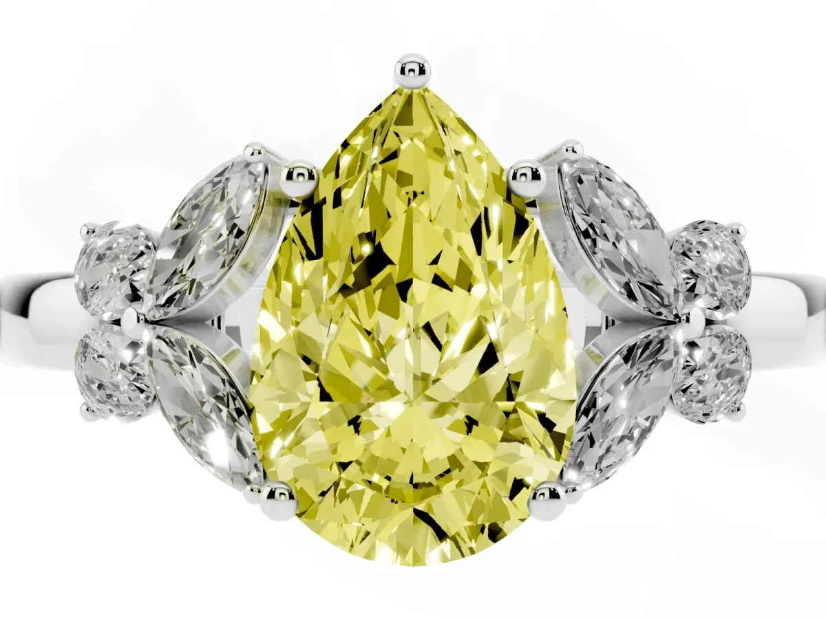 Fancy Yellow Pear Cut Cut Solitaire Floral Diamond Ring with Four-Prong Setting Platinum
