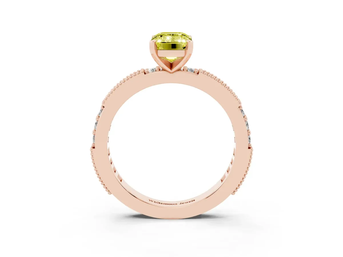 Fancy Yellow Emerald Cut Solitaire with Pavé Band and Four-Prong Setting Rose gold