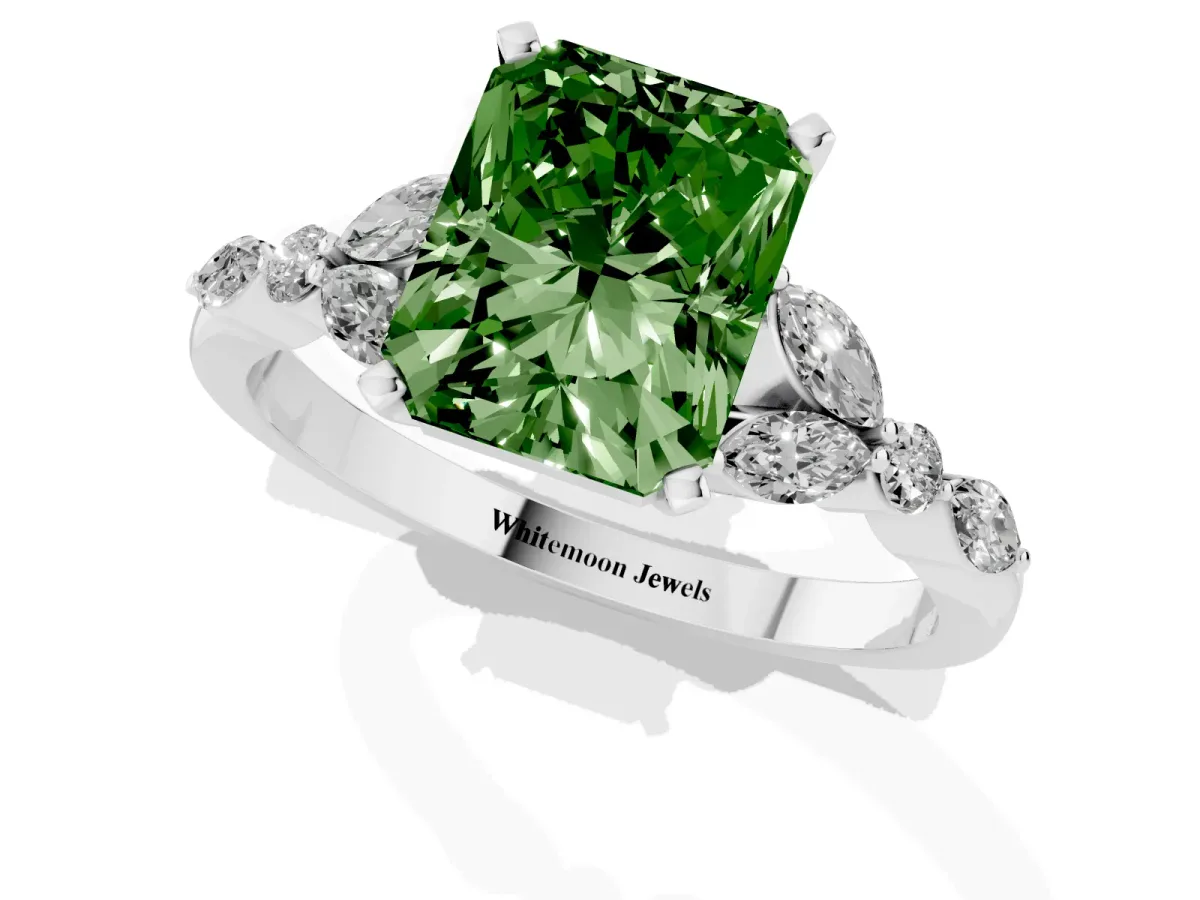Fancy Green Radiant Cut Diamond Solitaire Ring with Side Stones and Four-Prong Setting Silver