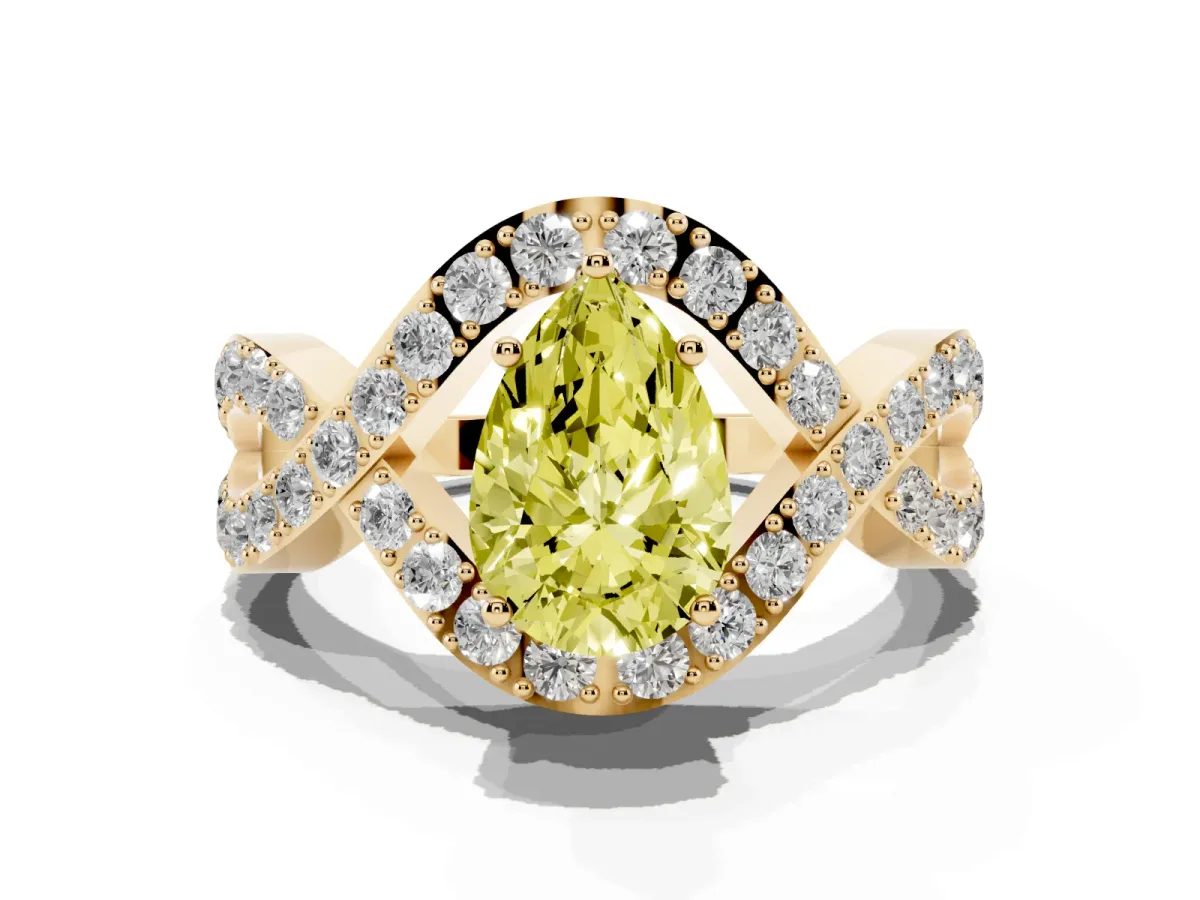 Fancy Yellow Pear Cut Solitaire Twist Band Pavé Diamond Engagement Ring Yellow gold