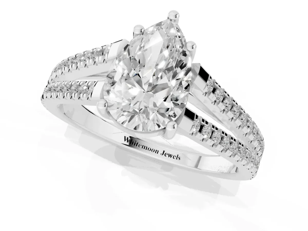 Pear Cut Diamond Solitaire Engagement Ring with Split Shank Pavé Band Silver