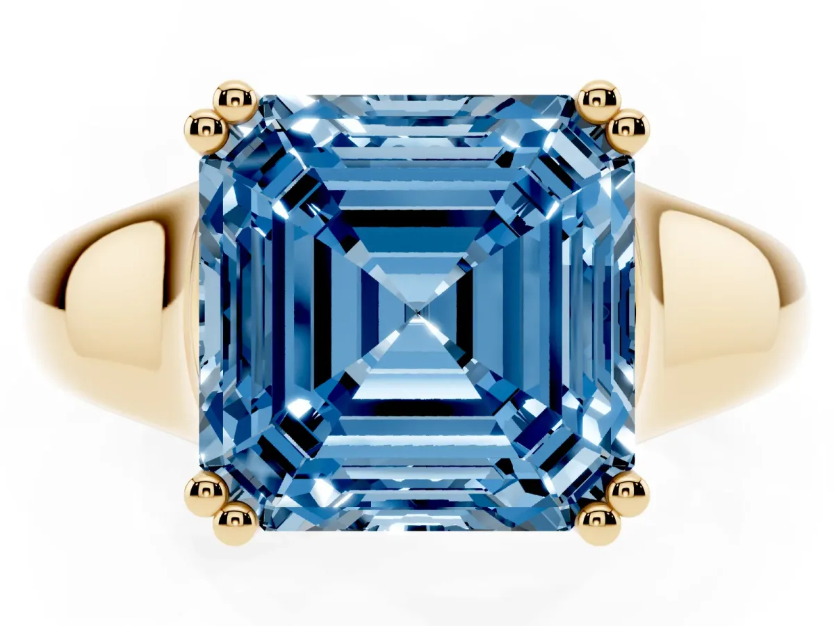Fancy Blue Asscher Cut Diamond Solitaire Ring with Wide Band and Prong Setting Yellow gold