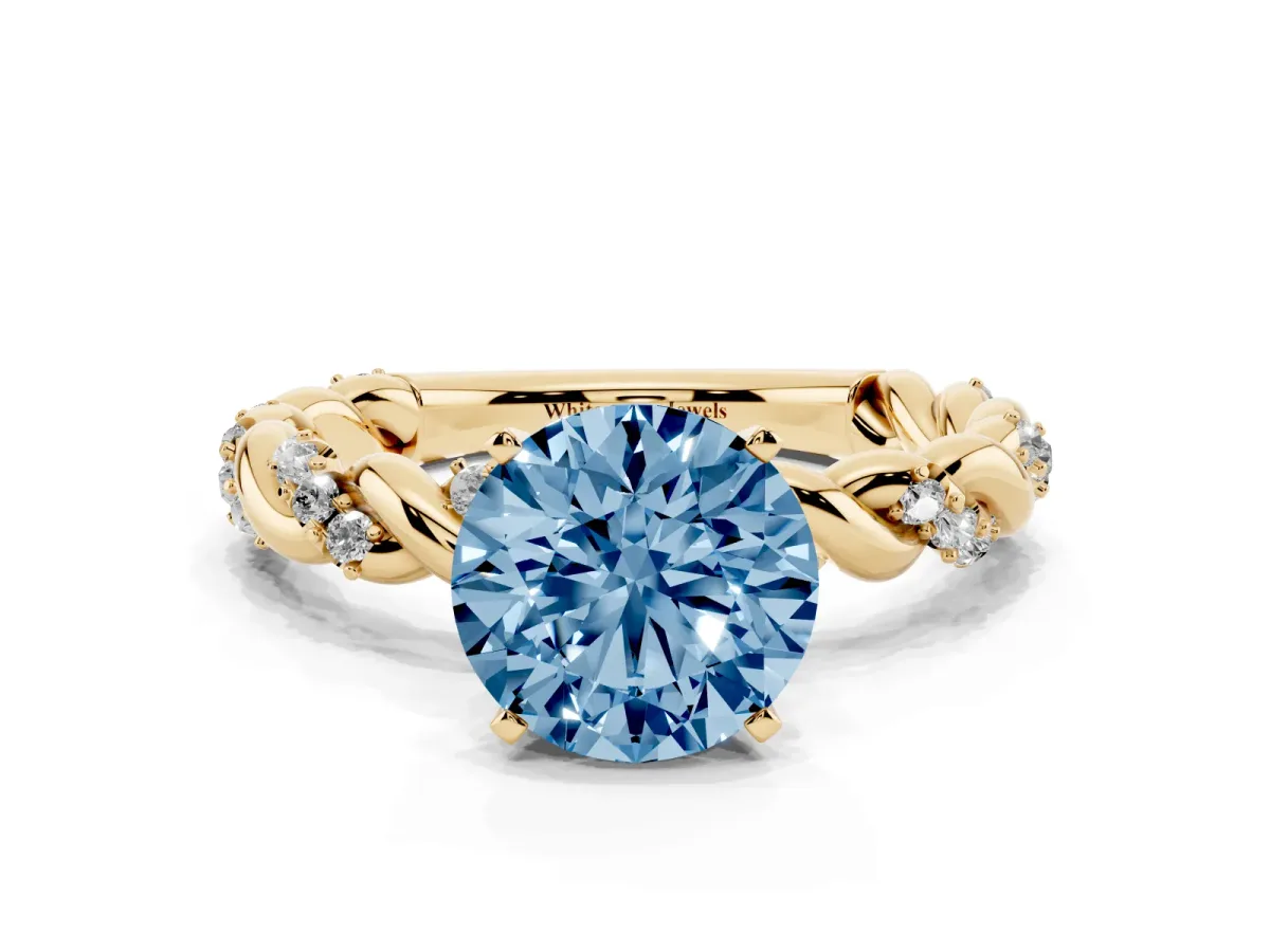 Fancy Blue Round Cut Diamond Solitaire Ring with Twisted Band and Pavé Accents Yellow gold
