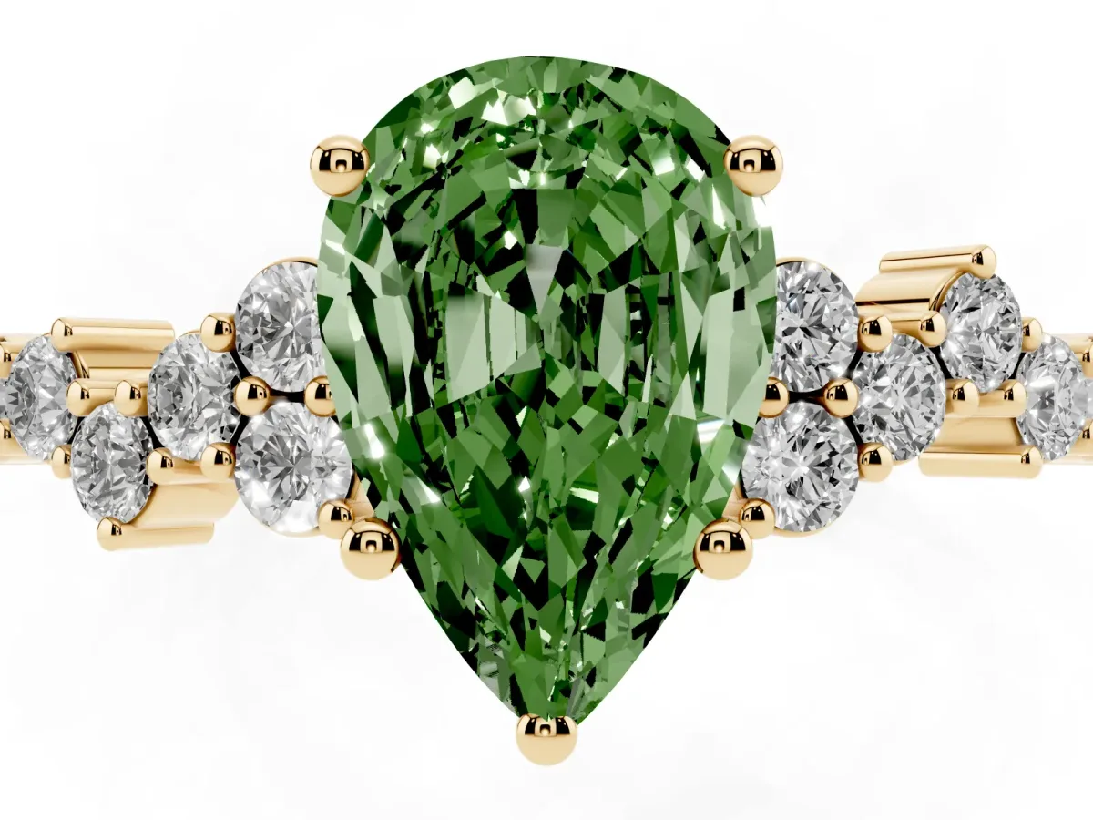Fancy Green Pear Cut Diamond Scattered Round Accent Ring with Prong Setting Yellow gold