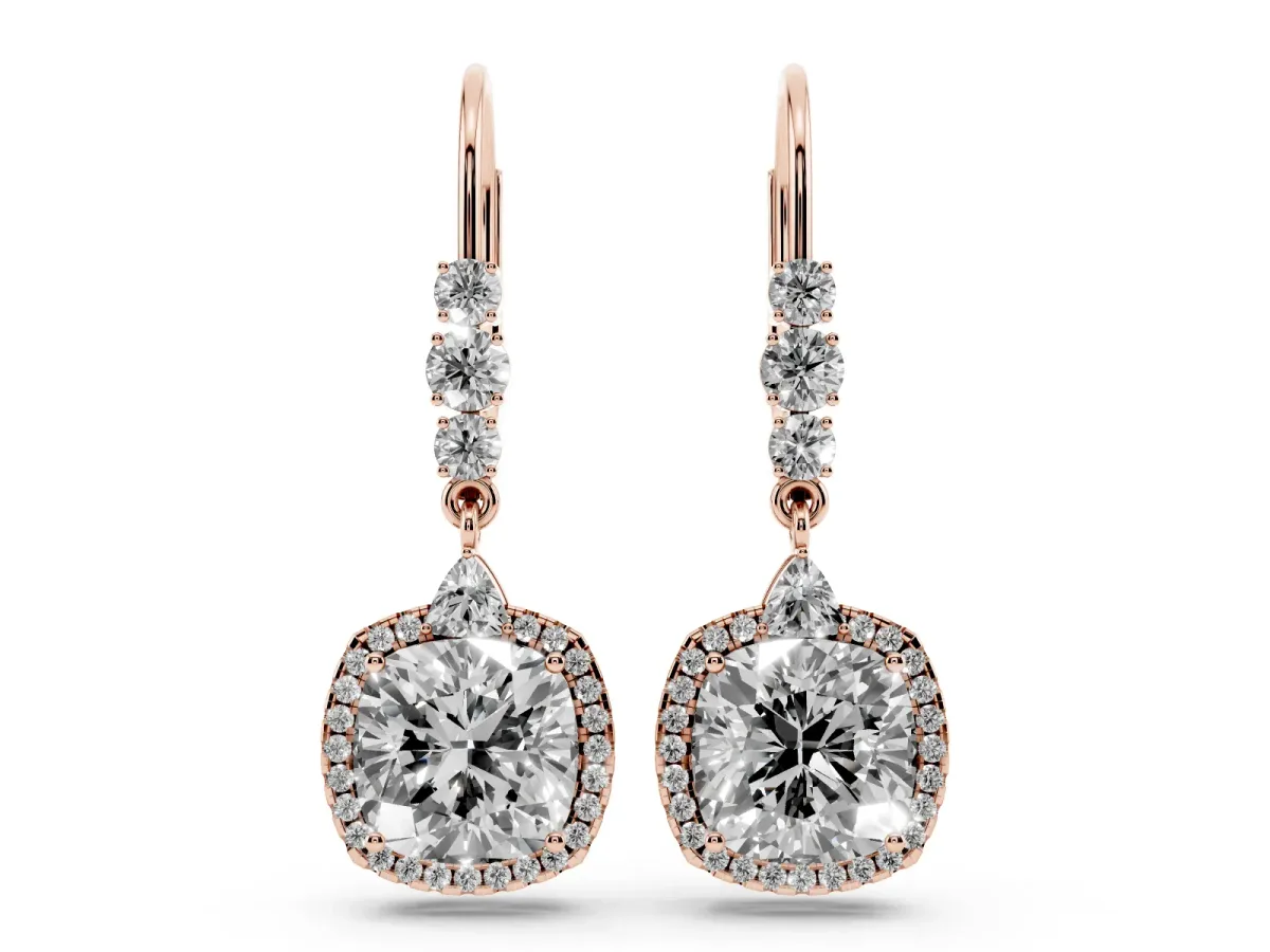 Cushion Diamond Drop Earrings with Trillion Diamond Accents and Round Diamond Halo Rose gold