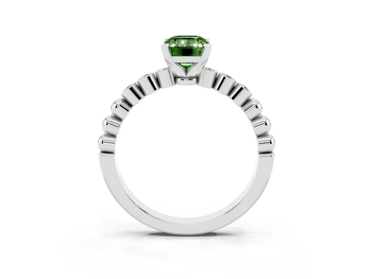 Fancy Green Emerald Cut Solitaire Bezel Accent Diamond Engagement Ring with Beaded Band and Four-Prong Setting Silver