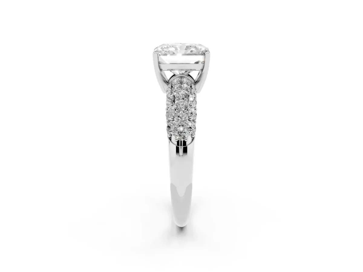 Radiant Cut Diamond Pavé Band Solitaire Ring with Four-Prong Setting Silver
