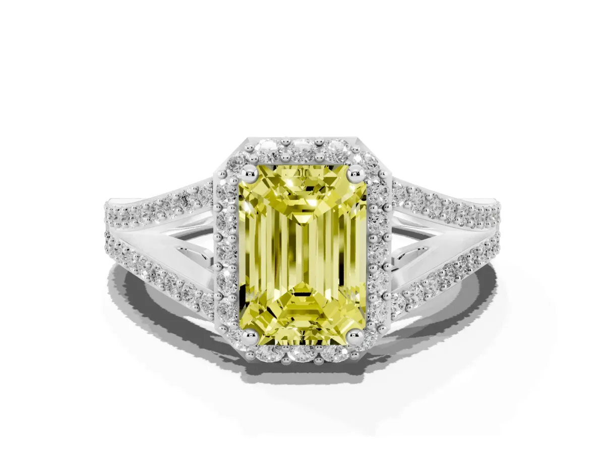 Fancy Yellow Emerald Cut Halo Split Shank Pave Diamond Ring with Four-Prong Setting Platinum