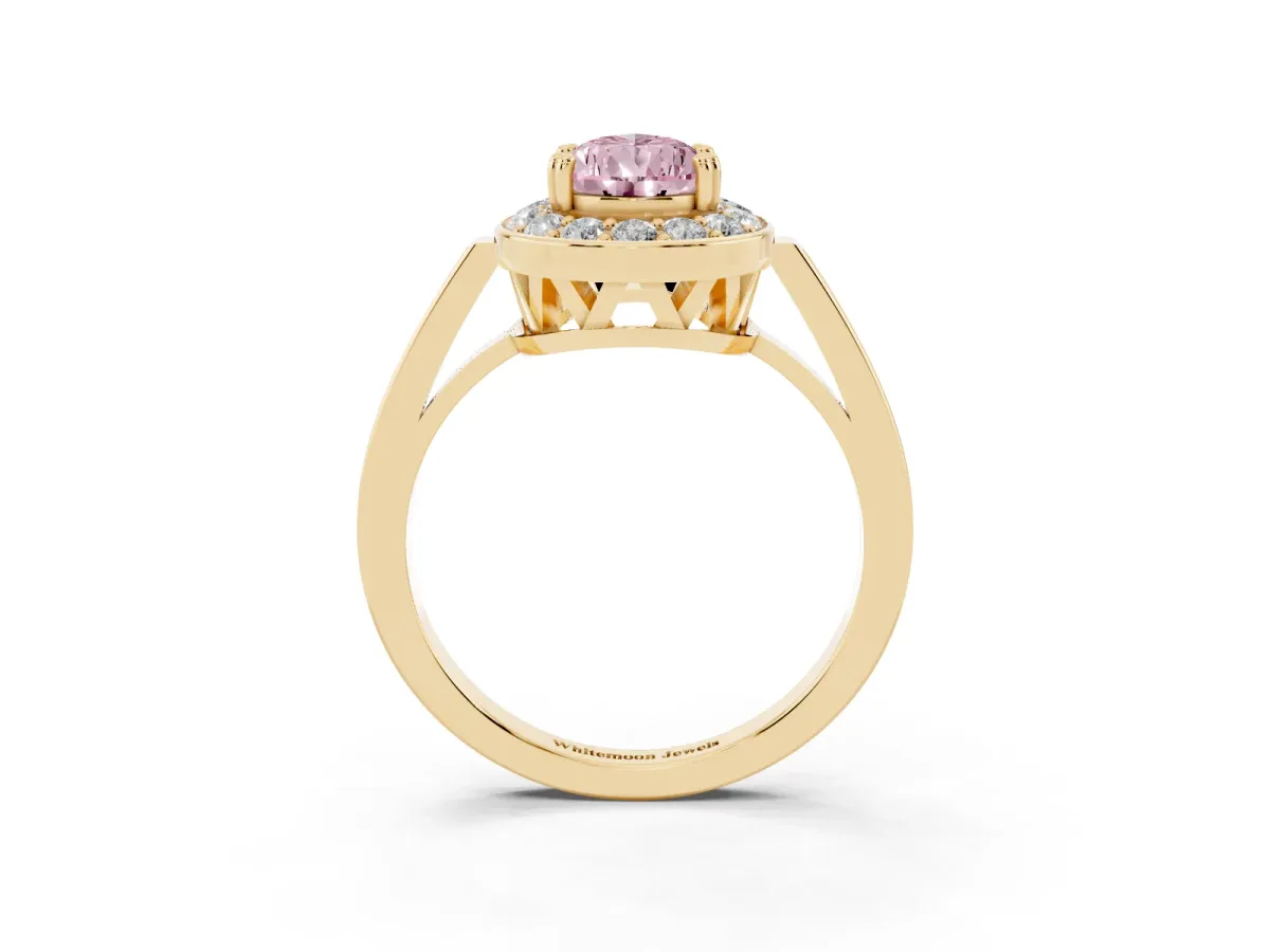 Fancy Pink Pear Cut Diamond Halo Ring with Split Shank and Four-Prong Setting Yellow gold