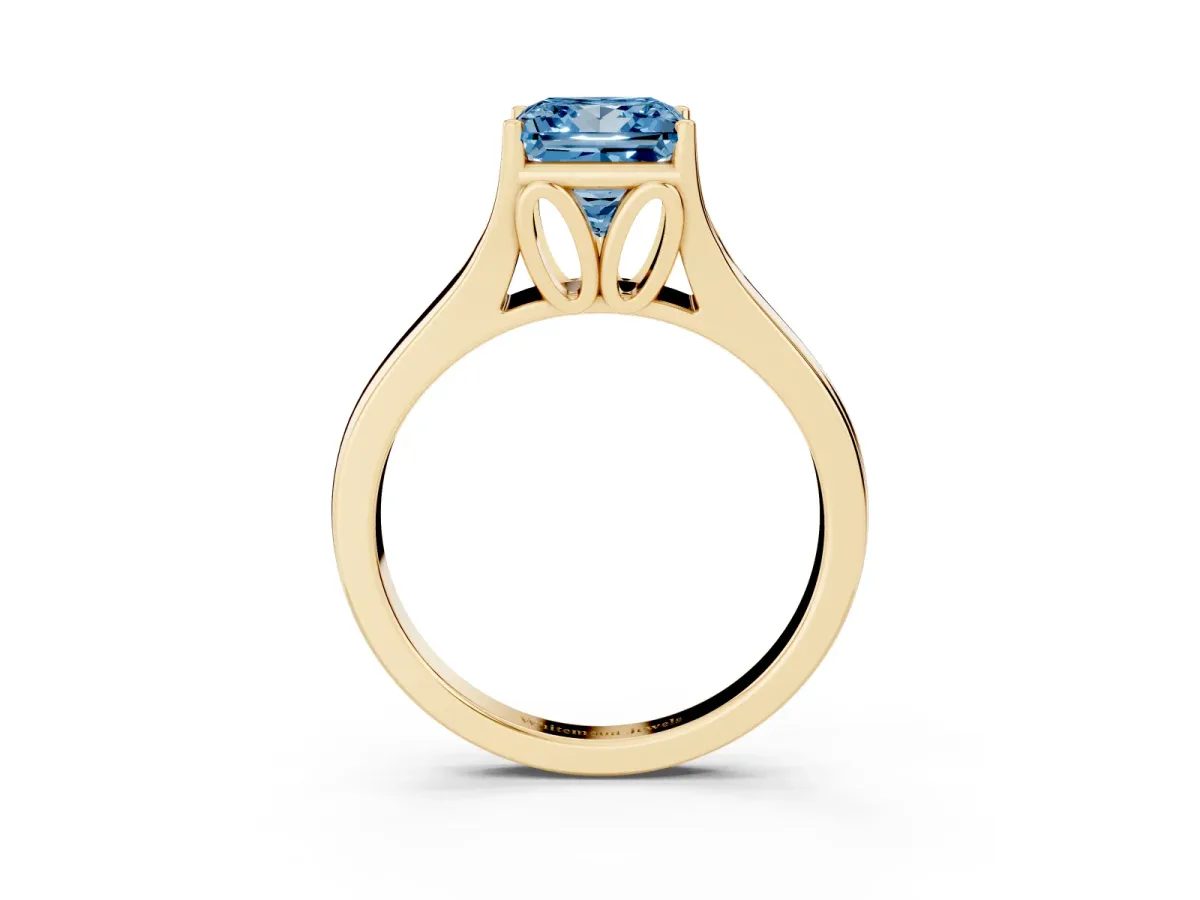 Fancy Blue Princess Cut Solitaire Diamond Ring with Cathedral Band and Four-Prong Setting Yellow gold