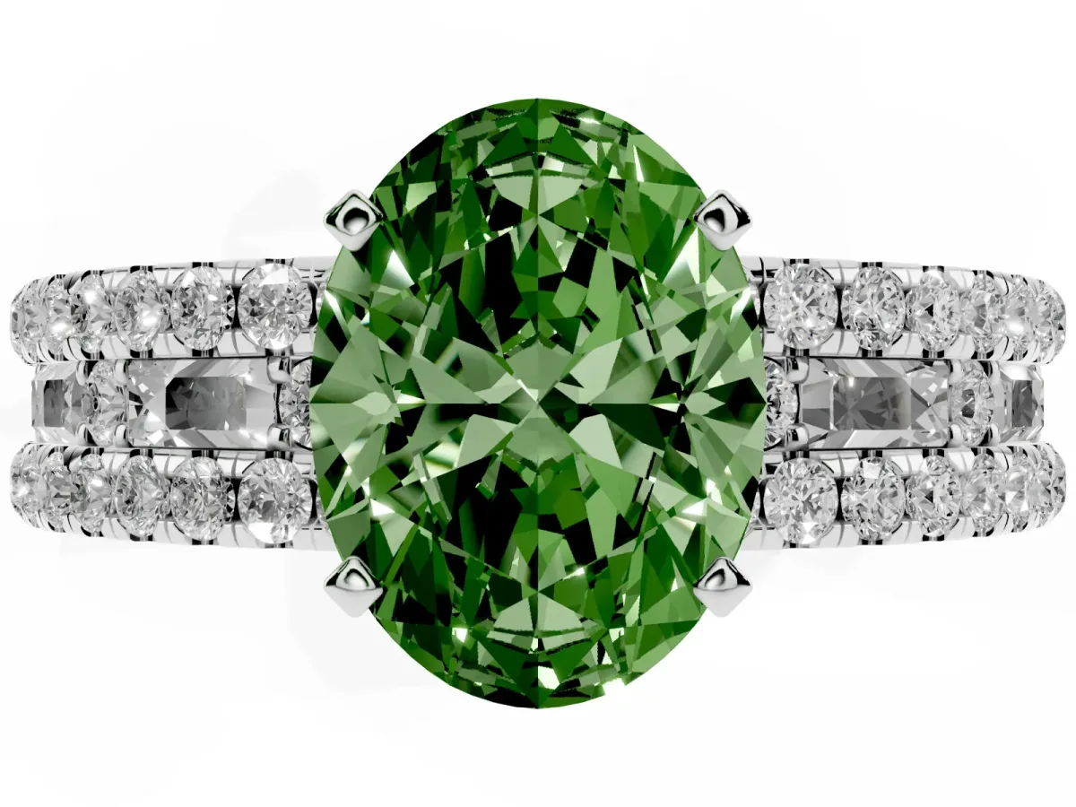 Fancy Green Oval Cut Diamond Solitaire Ring with Pavé and Channel Set Band Silver