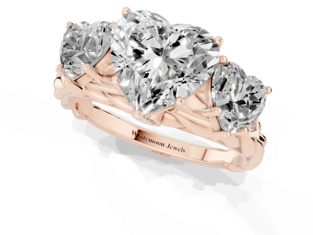 Three-Stone Heart Cut Diamond Braided Band Ring with Four-Prong Setting Rose gold