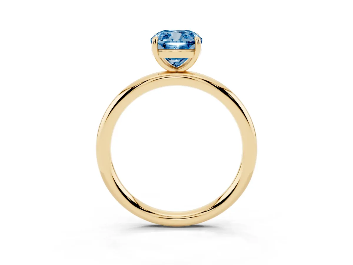 Fancy Blue Cushion Cut Solitaire Diamond Ring with Four-Prong Setting on a Plain Band Yellow gold