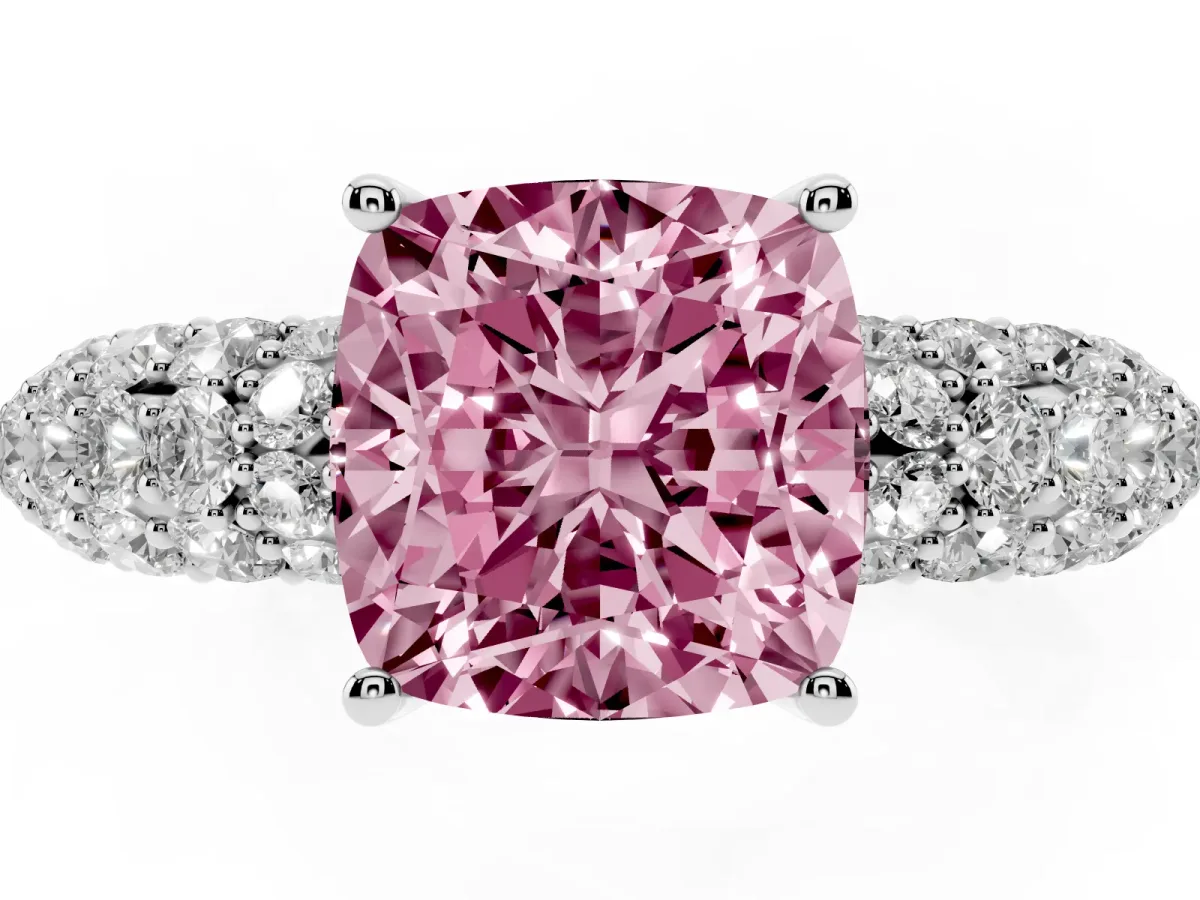 Fancy Pink Cushion Cut Diamond Pavé Band Solitaire Ring with Four-Prong Setting Silver
