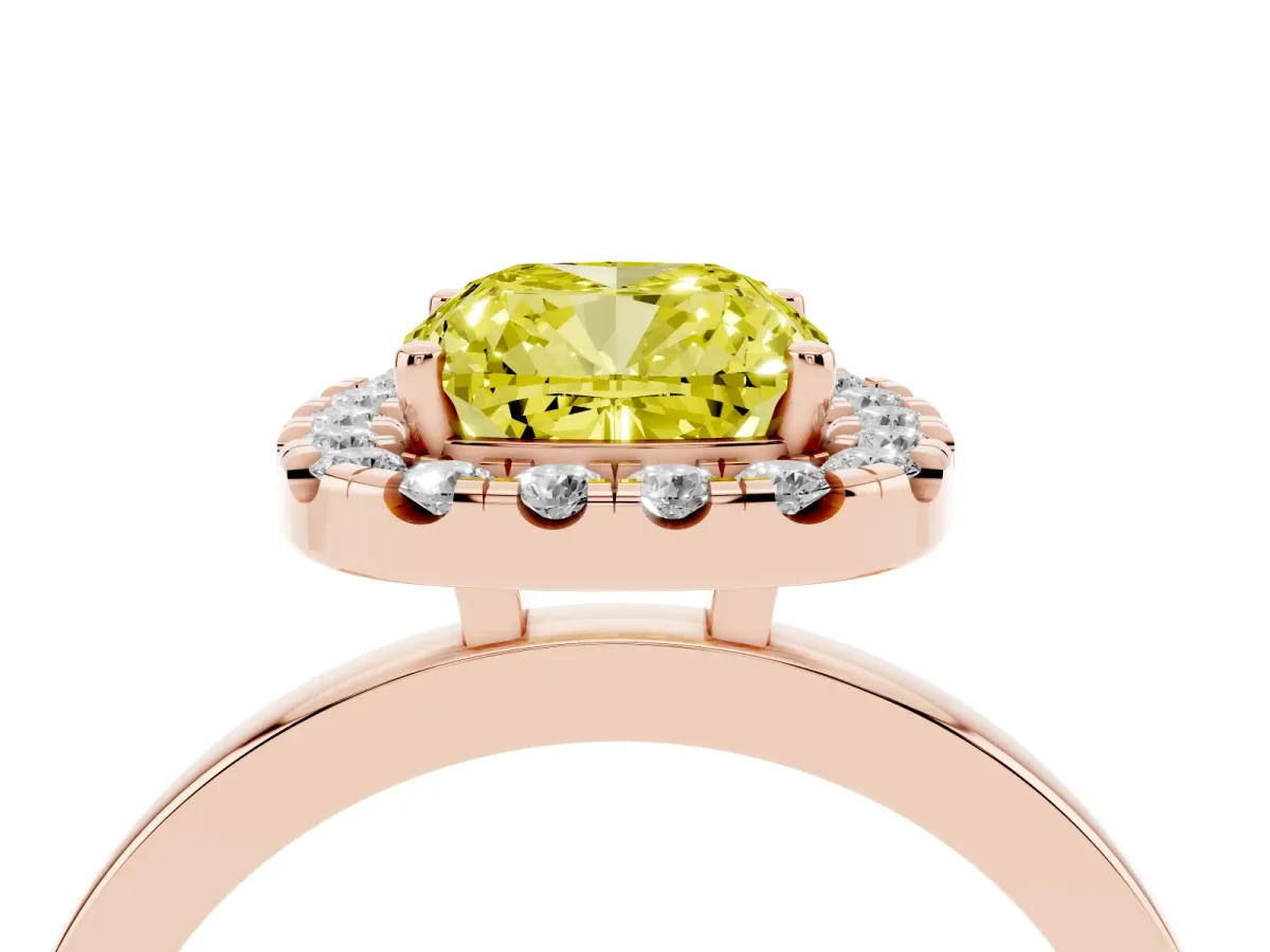 Fancy Yellow Cushion Cut Halo Diamond Solitaire with Pavé Band and Four-Prong Setting Rose gold