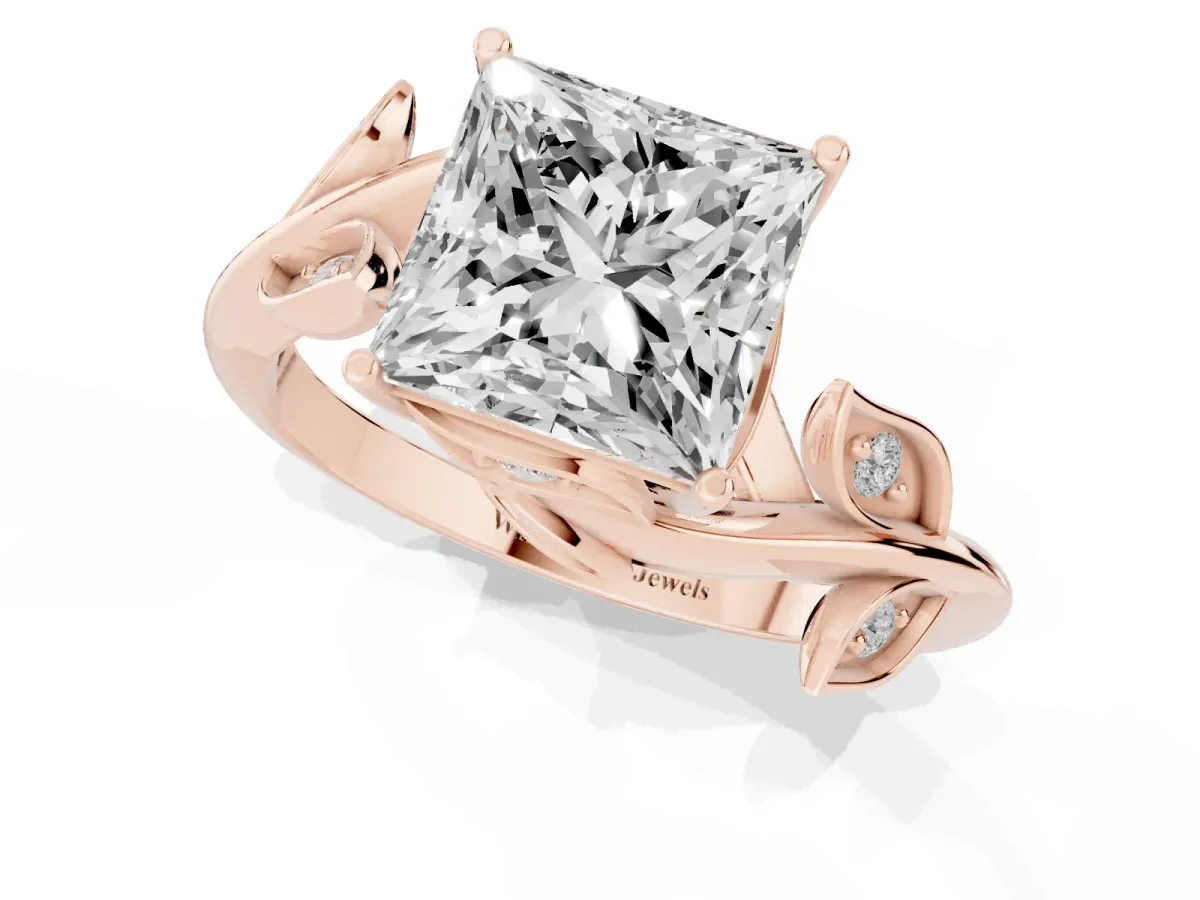 Princess Cut Solitaire Twist Engagement Ring with Leaf Accents and Prong Setting Rose gold