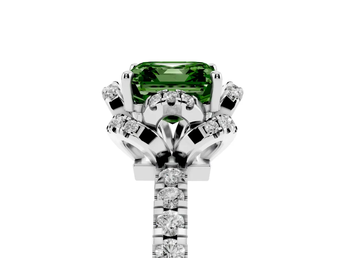 Fancy Green Asscher Cut Halo Diamond Pave Band Ring with Four-Prong Setting Silver