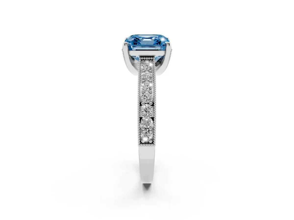 Fancy Blue Asscher Cut Cut Diamond Solitaire Ring with Milgrain Pave Band and Four Prong Setting Silver