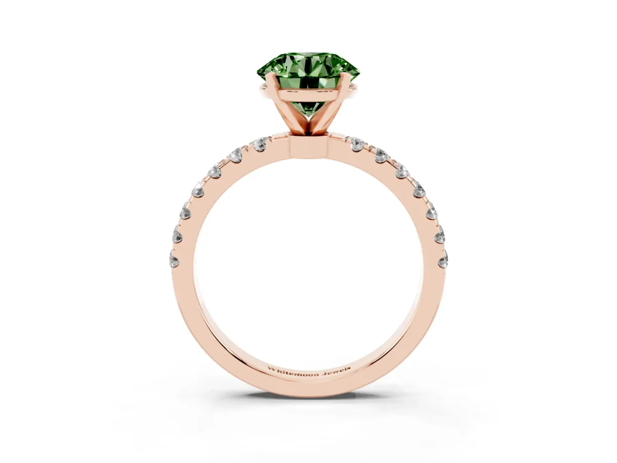 Fancy Green Round Cut Diamond Solitaire Ring with Pavé Accents and Four-Prong Setting Rose gold