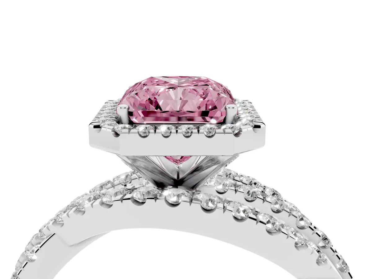 Fancy Pink Radiant Cut Diamond Halo Ring with Round Split Shank and Prong Setting Silver
