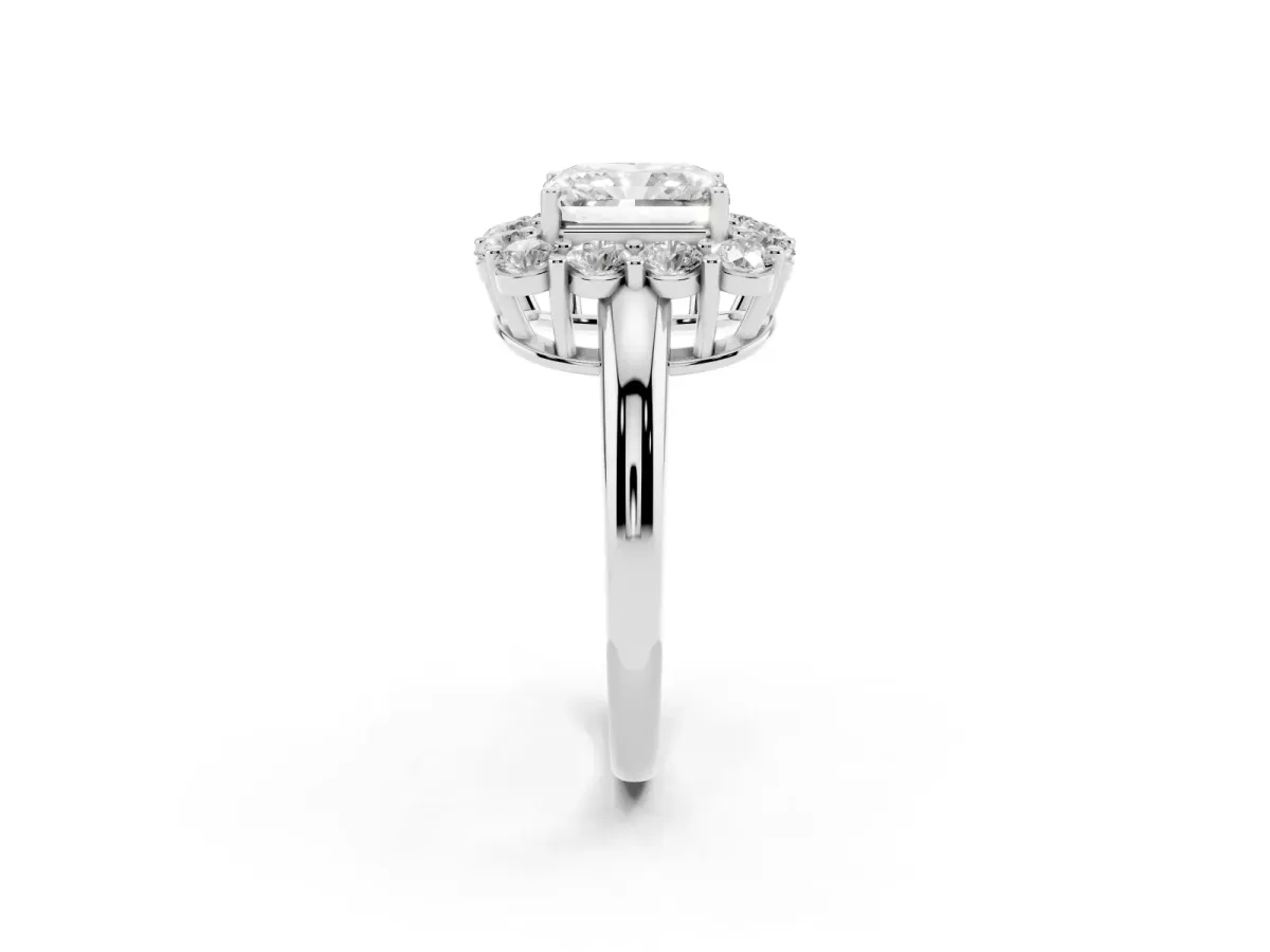 Radiant Cut Halo Cluster Diamond Engagement Ring with Prong Setting and Polished Band White gold