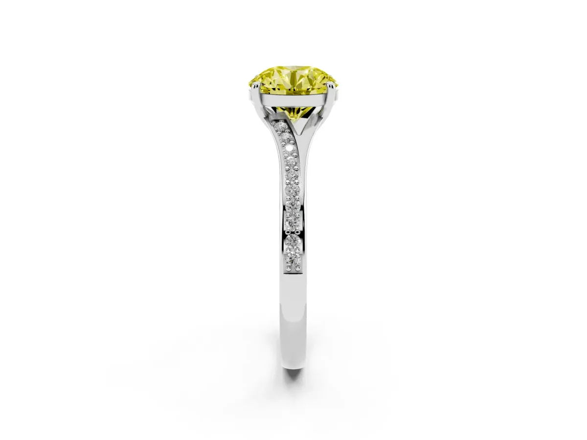 Fancy Yellow Round Cut Diamond Solitaire Ring with Pavé Band and Prong Setting Silver